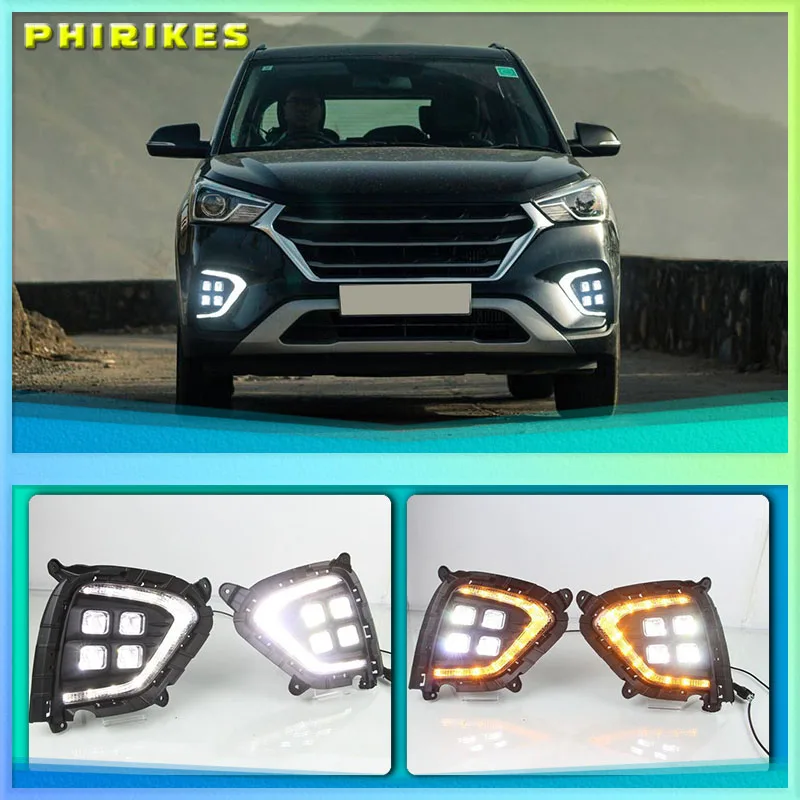 1Pair DRL For Hyundai Creta IX25 2017 2018 2019 2020 LED Daytime Running Light fog lamp Cover with yellow turning signal