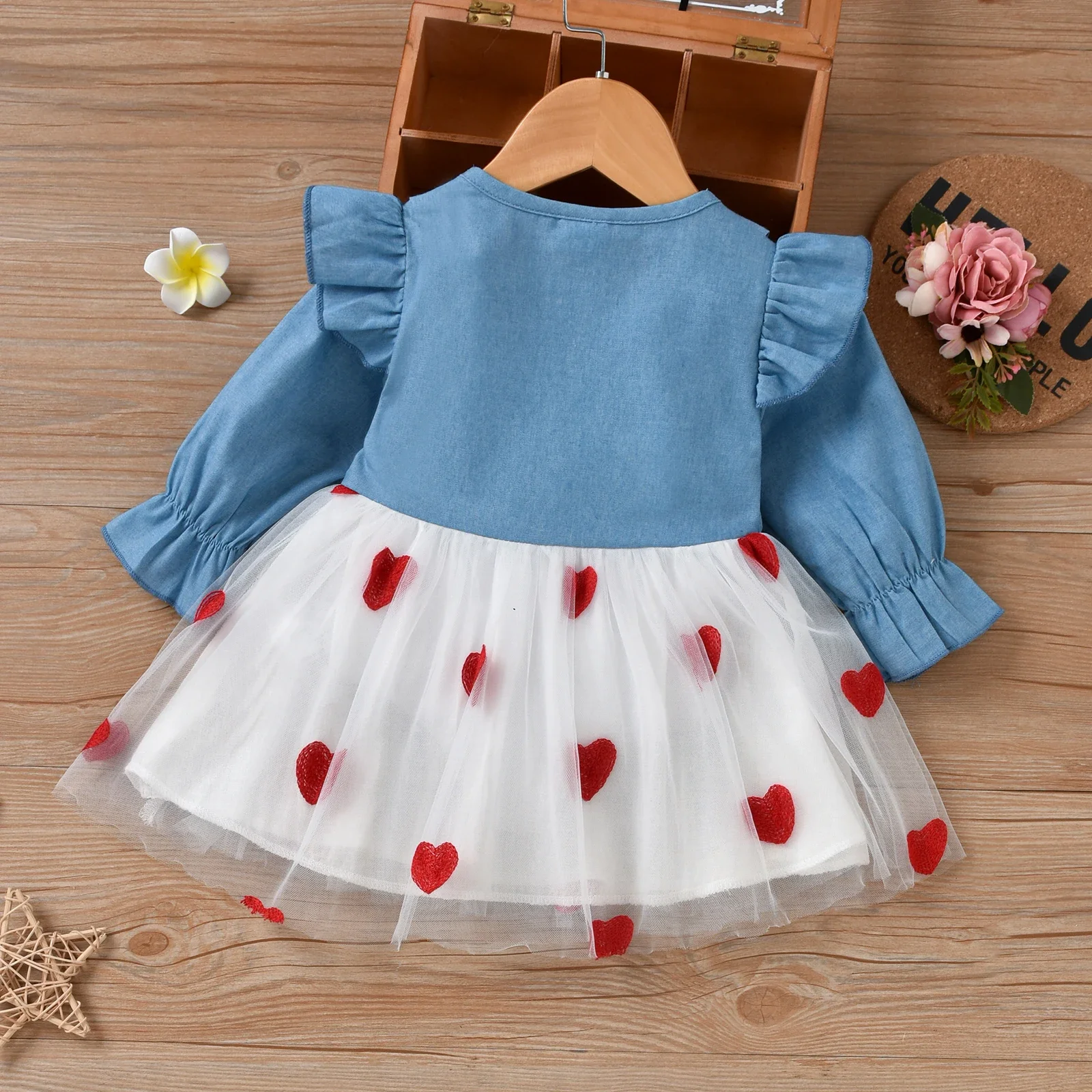 Infant Baby Girls Tulle Dress, Cute Long Sleeve Doll Collar Button Front Heart Denim Tops Tutu Gown 3M-3T