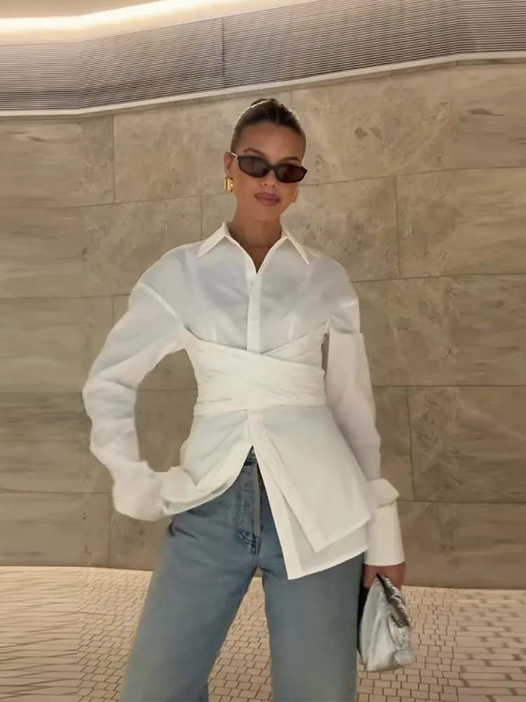 

Women waist Lace up Shirts Elegant turndown collar Full Sleeve Shirt 2025 Spring Summer Office Lady All Match Commuter Wears
