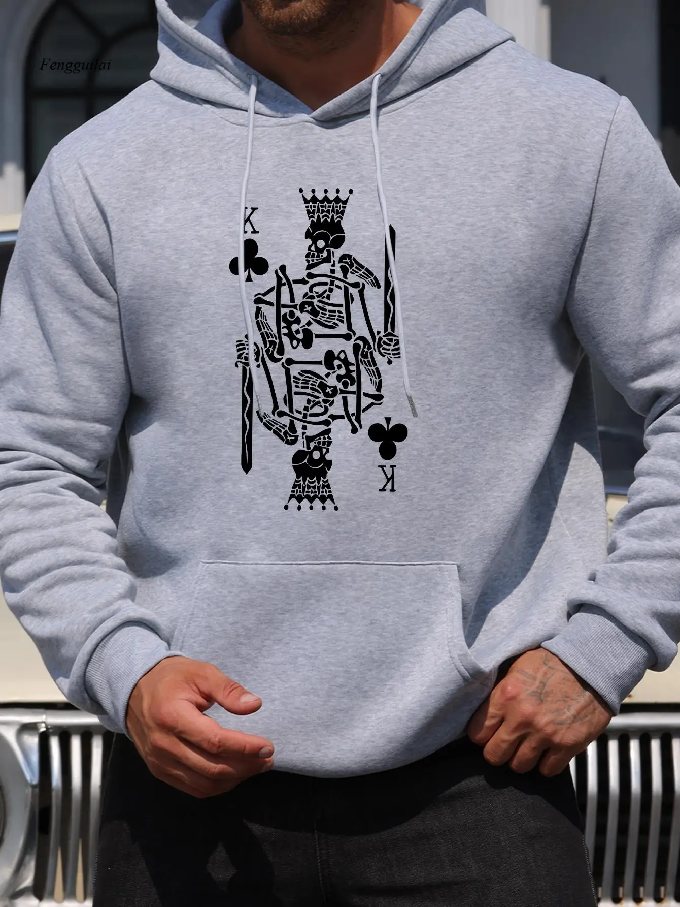 King of Spades & Card Suits Kapuzenpullover mit Aufdruck – blaues, gotisches, spanisch inspiriertes Ace of Caballeros-Design