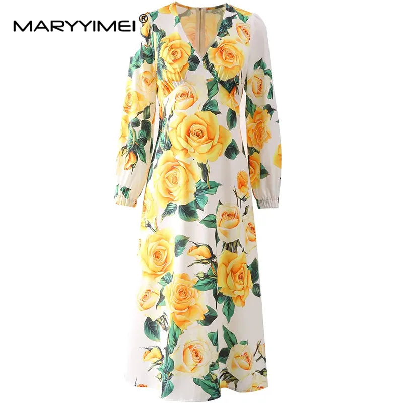 

MARYYIMEI Fashion Women's Vintage V-Neck Lantern Long-Sleeved Elegant Printed Holiday Floral Pretty Slim-Fit Hip Wrap MIDI Dress