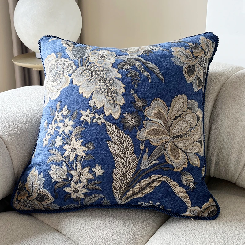 Deluxe Floral Blue Royal Chenille Woven Home Decorative Pillow Case 45x45cm Rope Pipping 1 Piece Pack