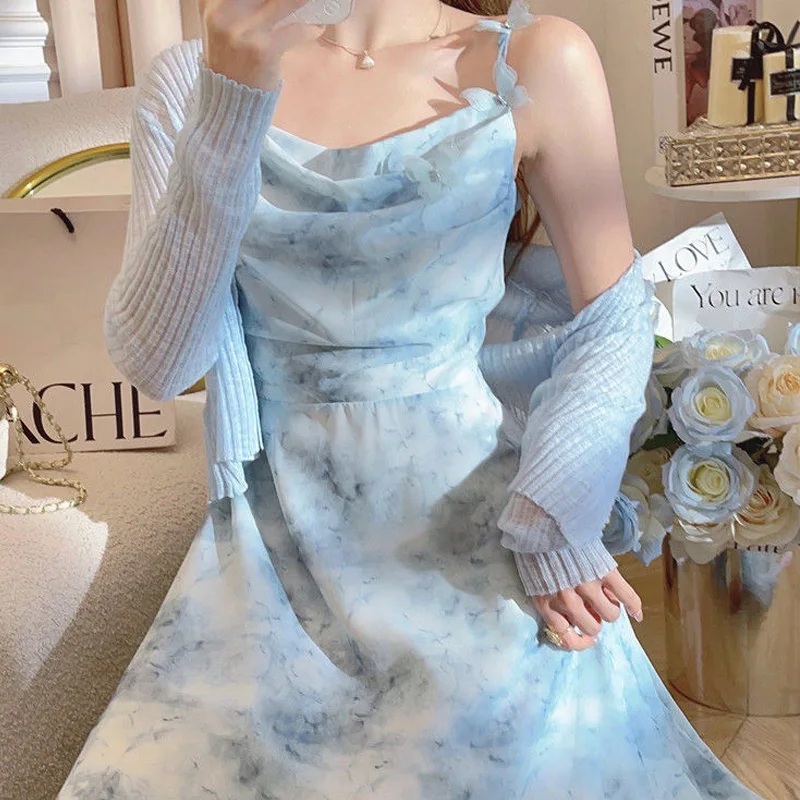 

Women Butterfly Lovely Maxi Dress + Solid Color Screw Thread Cardigan 2025 Summer New Slash Neck Sling Elegant Sleeveless Dress
