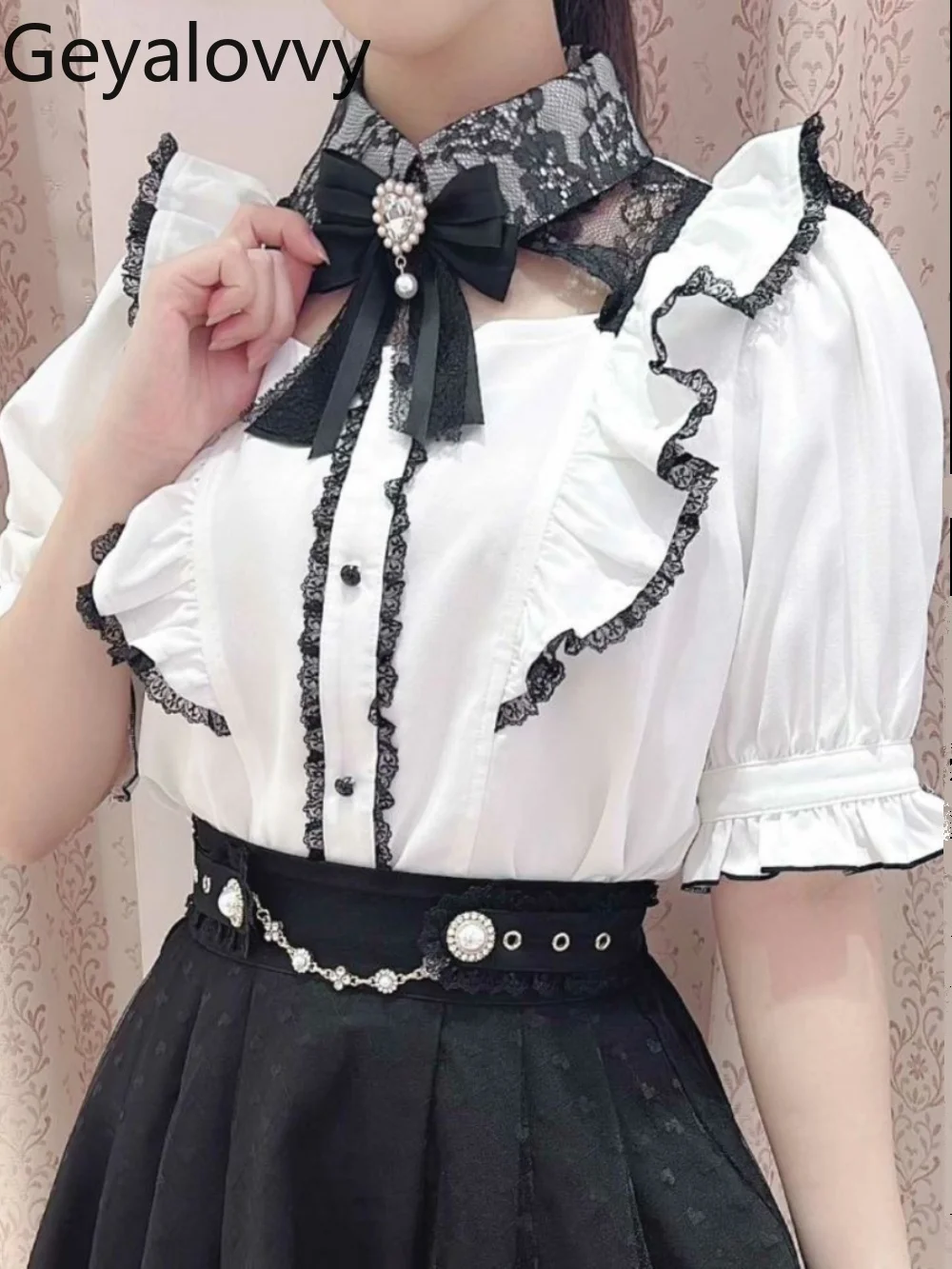 Mine Series Mass-ผลิตเสื้อสีขาวญี่ปุ่นElegant Lace Bow Tieจีบลูกไม้เสื้อแขนสั้นหญิงCamisas De Mujer
