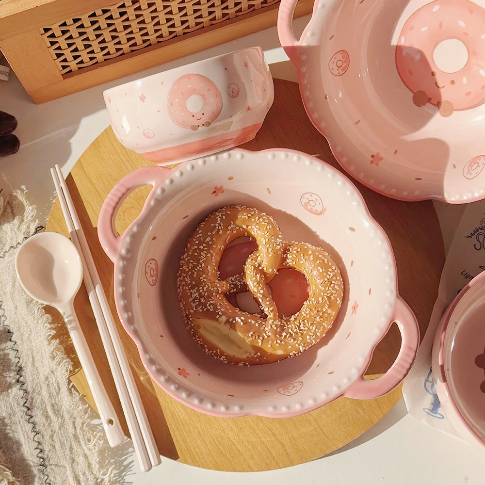 Pink Ceramic Plate Bowl Home Kitchen Dinnerware Set Cute Donut Cartoon Print Double Ear Handle Plates Food-Safe Dining Tableware