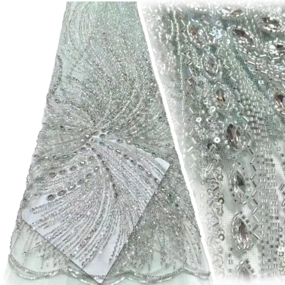 

Роскошная африканская тюлевая кружевная ткань с ручным бисером, нигерийская кружевная ткань премиум-класса с блестками, подходит для шитья вечернего платья, материал 1909
