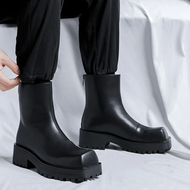 

men fashion high chelsea boots brand designer square toe shoes original leather platform chimney boot black long botas masculina