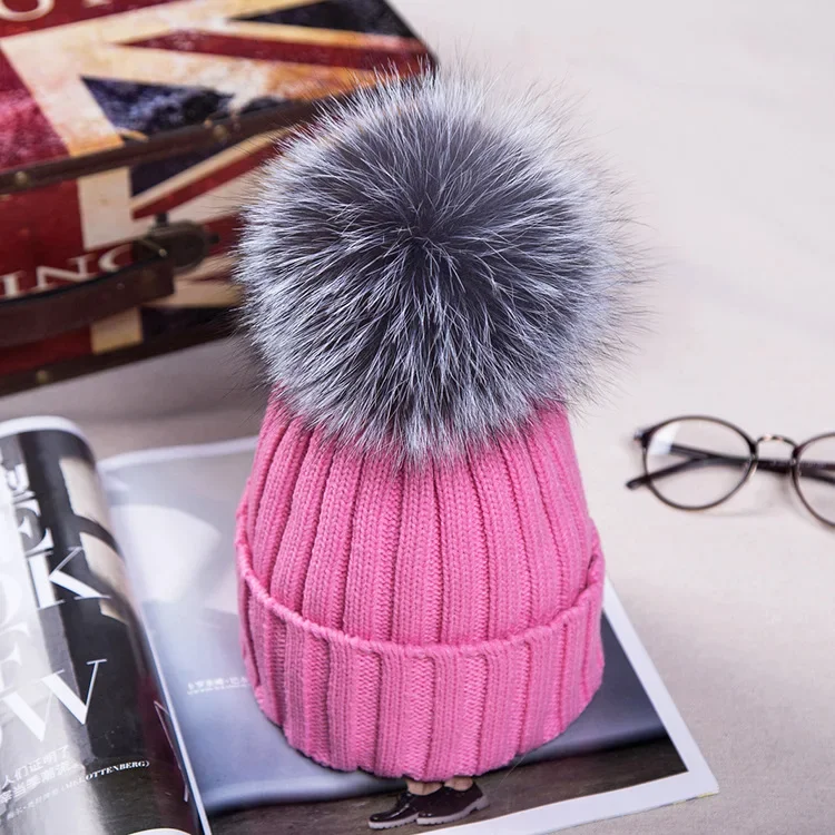 15 Colors Grey White 15cm Real Fox Fur Ball Autumn Winter Women Curled Knitted Big Pompon Hat Korean Wool Children Hat