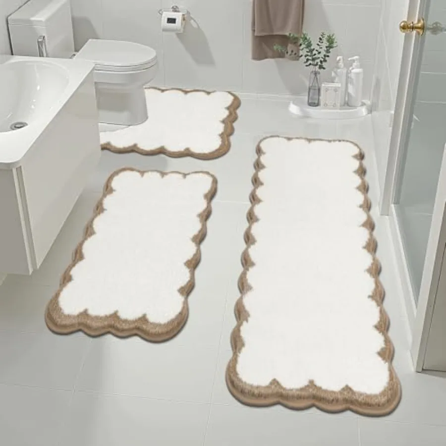 

Bathroom Rugs Set 3 Pcs Scalloped Non Slip Washable Bath Mat with U-Shaped Toilet Rug Extra Absorbent Quick Dry Soft Plush Show