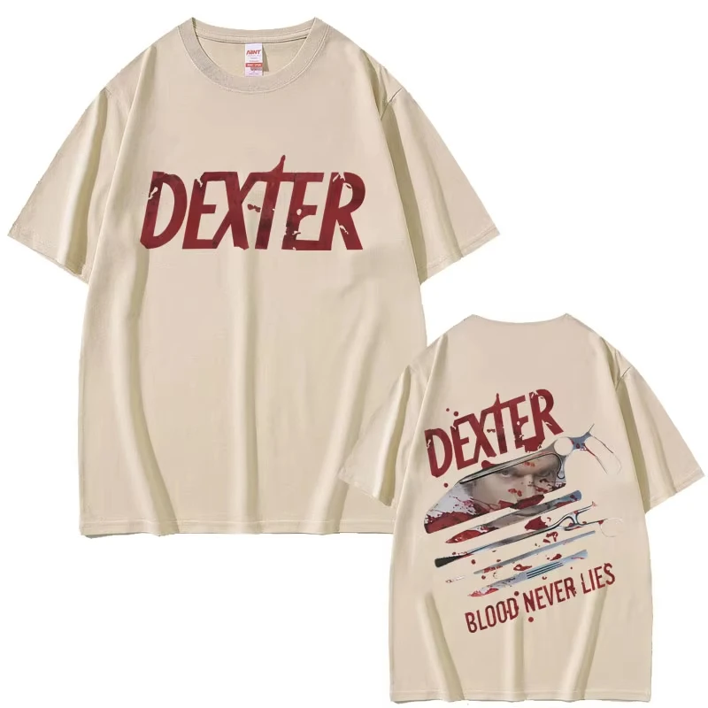 เสื้อยืดลำลองผ้าฝ้ายสไตล์เรโทรสำหรับผู้ชายและผู้หญิง เสื้อยืดโอเวอร์ไซส์สำหรับผู้หญิง ลายเสื้อยืดลายละครโทรทัศน์ Dexter Morgan Blood Never Lies