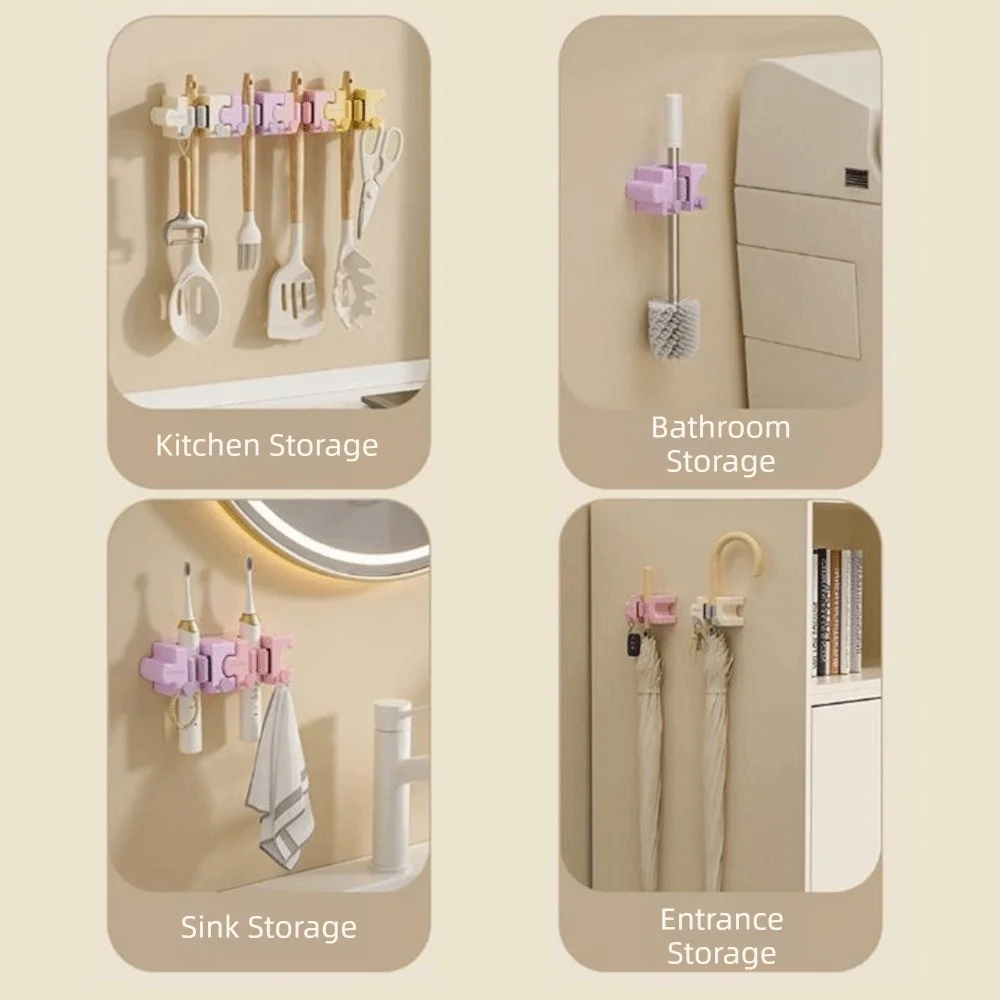 No Drill Puzzle Splicing Mop Broom Holder Self Adhesive Wall Mounted Macaron Mop Clip Space Saving with Hooks Broom Storage Clip