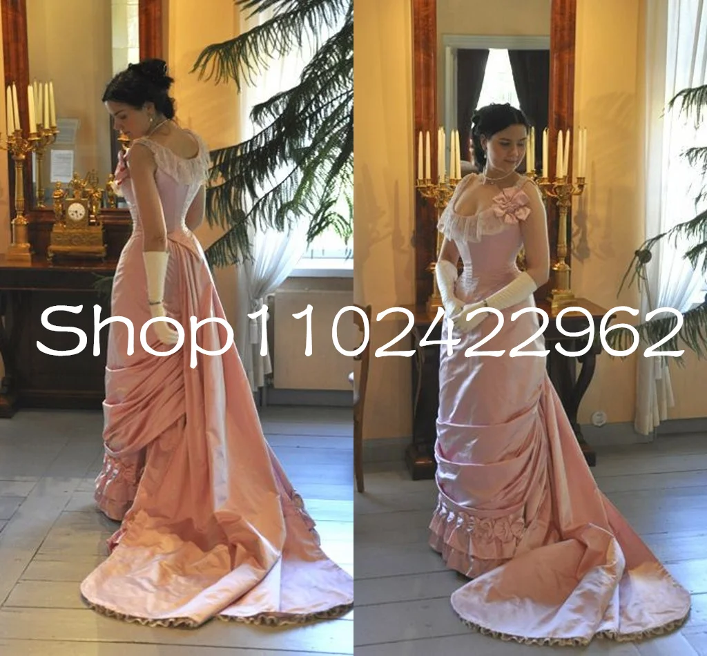 Vintage Pink Form Ball Gown Prom Dresses Lace Stain Victorian Society Historical Halloween Masquerade evening gowns customsized