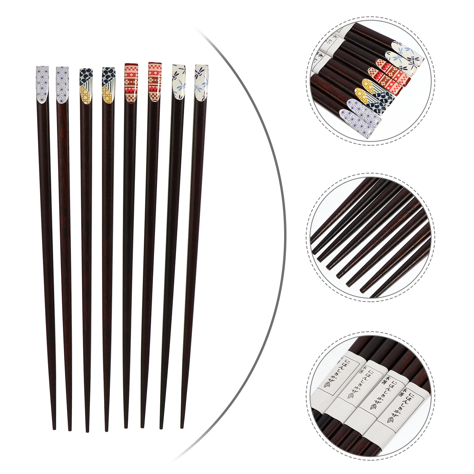 

4 Pairs Wooden Chopsticks Practical Tableware Japanese Style Printed Design Environmentally Friendly Easy to Clean
