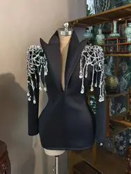 Blazer negro con flecos de diamantes de imitación brillantes para mujer, traje futurista de Drag Queen, traje de actuación de cantante de escenario, estilo de cumpleaños