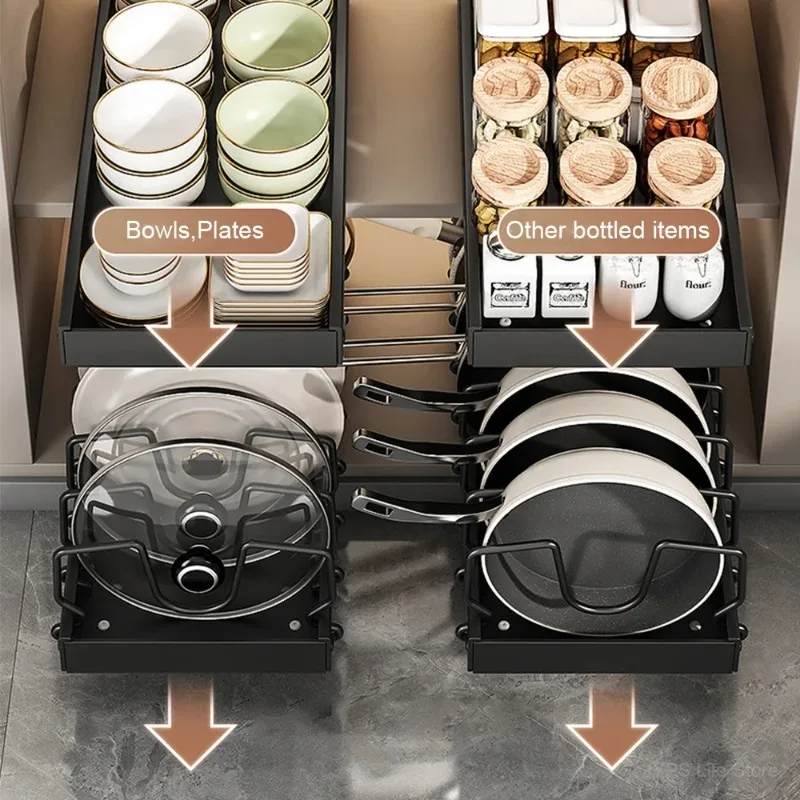 Hot SaleMultifunctional Pull-out Sliding Kitchen Storage Rack Drawer Organizer for Pan Lids Spices Bowls Plates Cookware Storage view 2