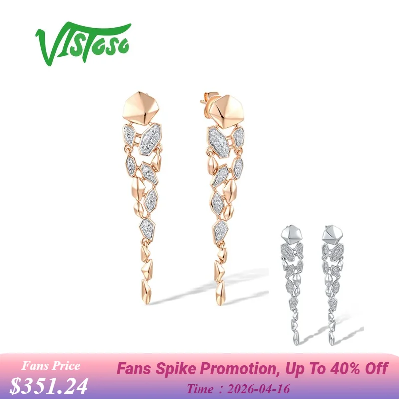 

VISTOSO Real 14K 585 White Rose Gold Drop Earrings For Women Sparkling Diamonds Long Geometric Wedding Party Trendy Fine Jewelry