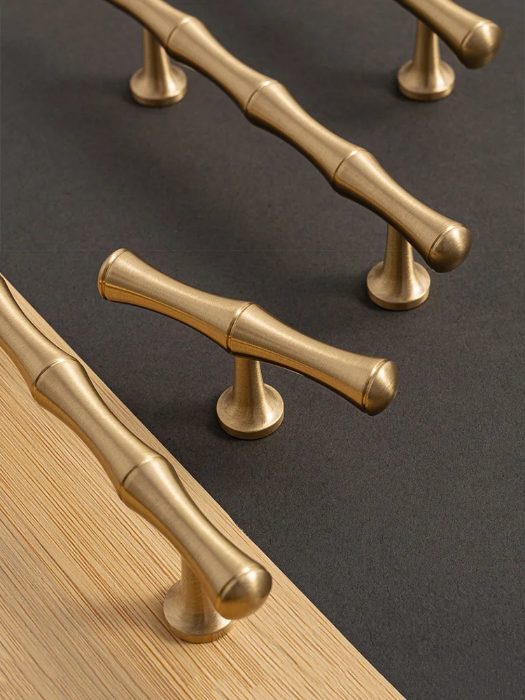 

Gold Cabinet Handles Brass Wardrobe Pulls Bamboo Textured Drawer T bar Furniture Door Handle