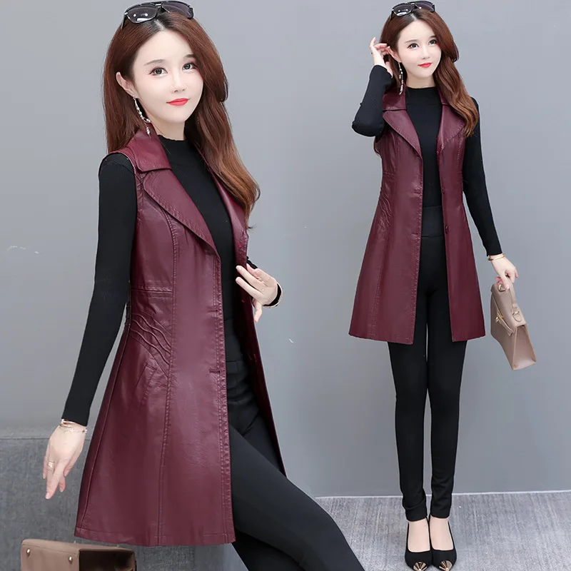 PU Leather Vest Women Slim Midi Casual Motorcycle Lady 2024 New Fashion Sleeveless Black Dark Red Waistcoat Female