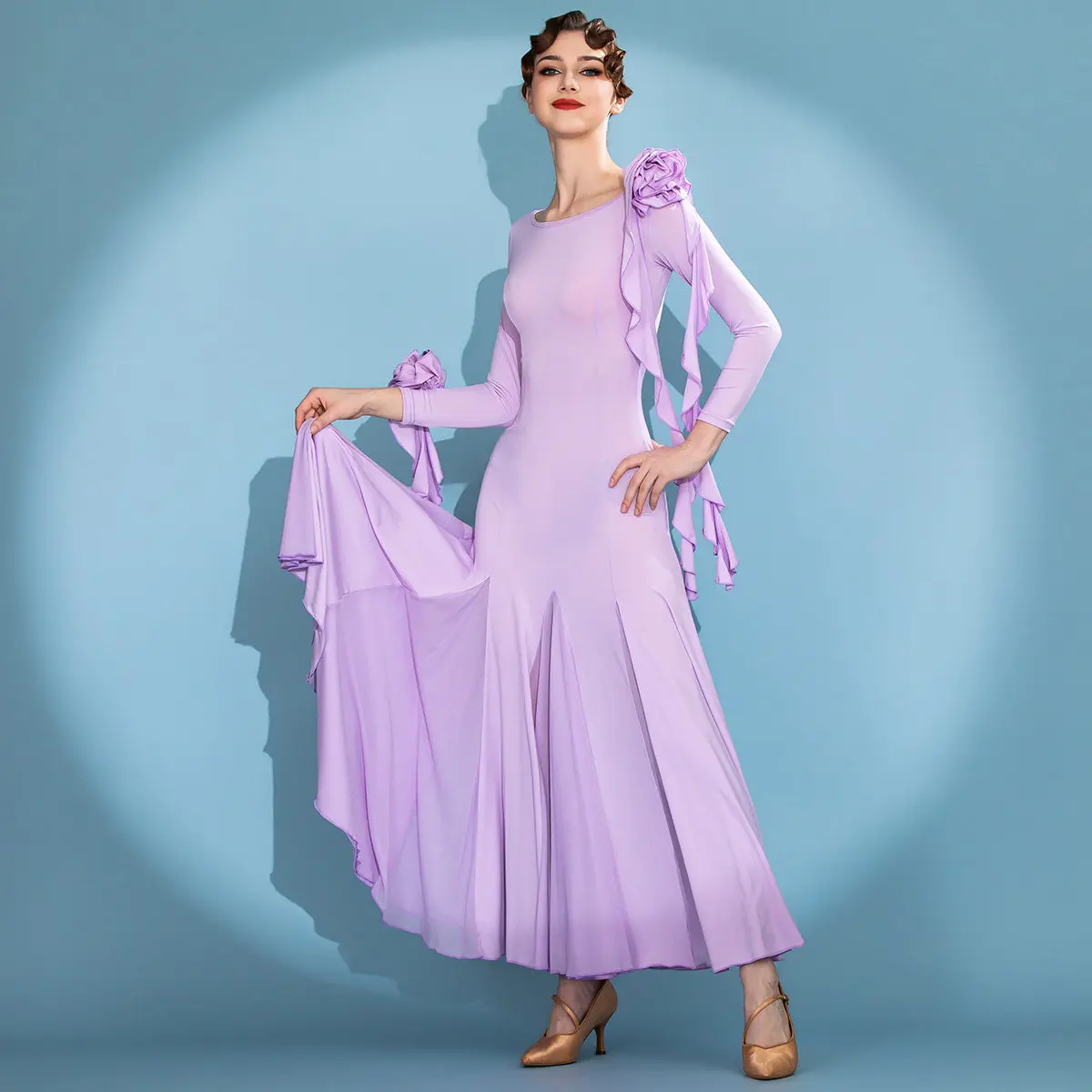 

Платье для бальных танцев для взрослых, женский костюм для современных танцев, танцевальное платье с длинными рукавами, одежда для занятий вальсом, фиолетовое, зеленое, 3444