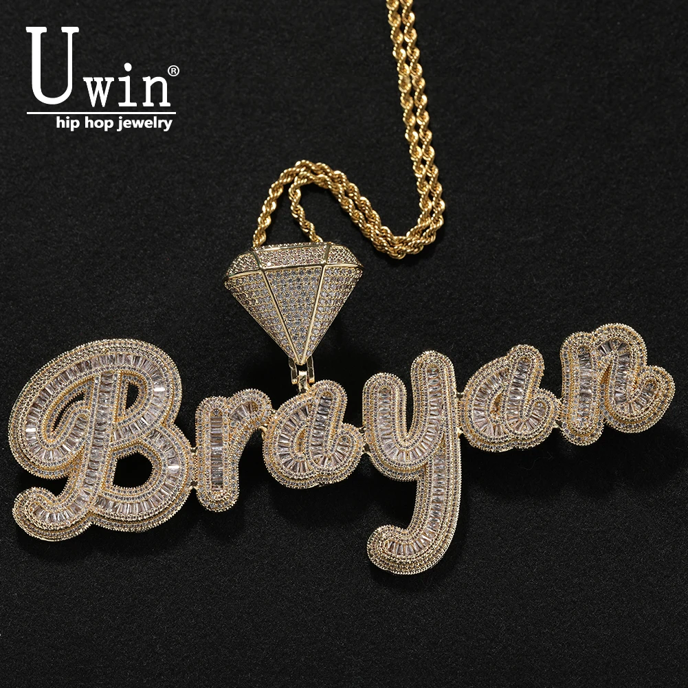 

Uwin Custom Diamond Bail Baguettecz Cursive Letters Name Pendant Necklace Iced Out CZ Personalized Chain Necklace Hiphop Jewelry