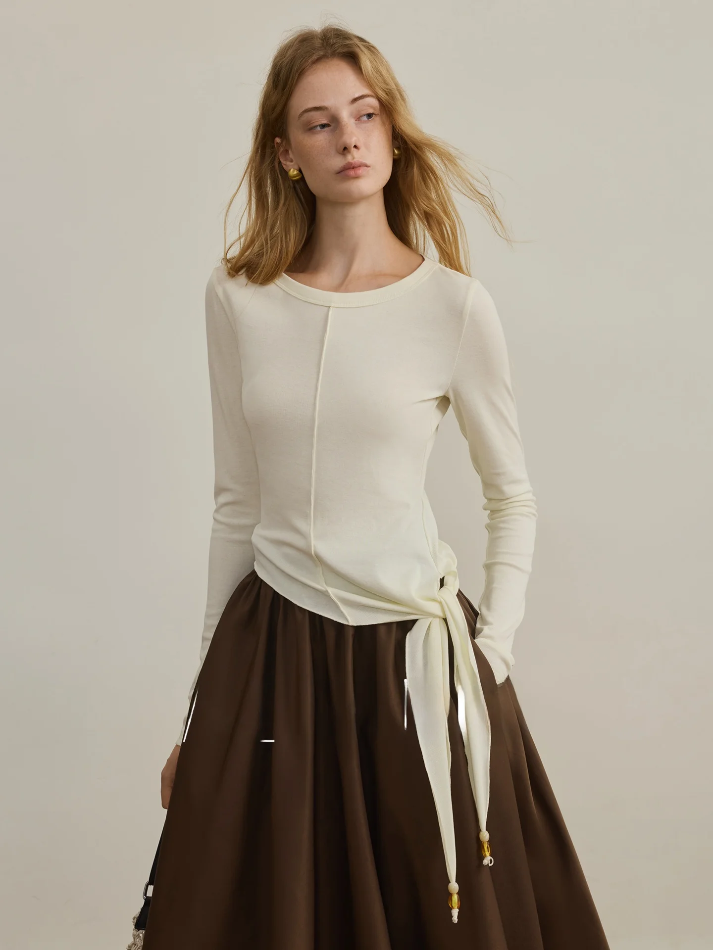 

AEL Original Long Sve T-irt Women's Spring 2026 New Sle Versatile Beaded Belted Inner Wear Base irt Lyocell Cotton B...