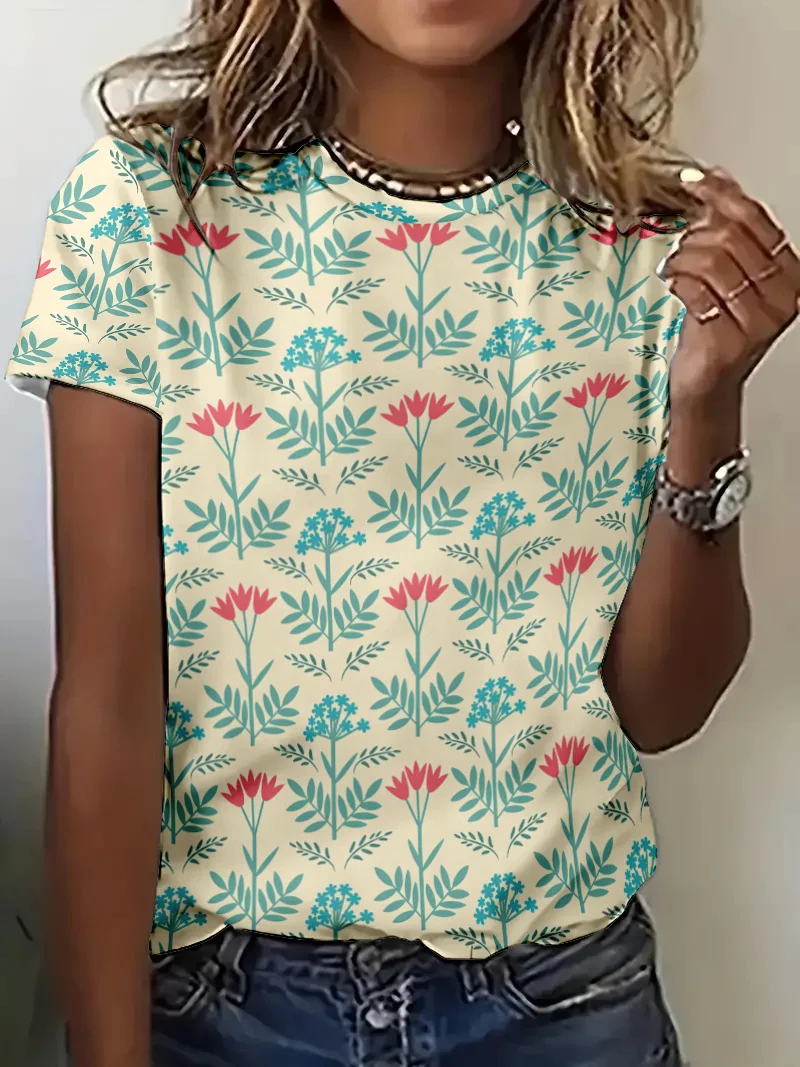 

Elegant Flower Print T shirt For Women Tops Summer Lady Sweet Casual Short Sleeve T shirts Streetwear Clothing Pullovers T shirt