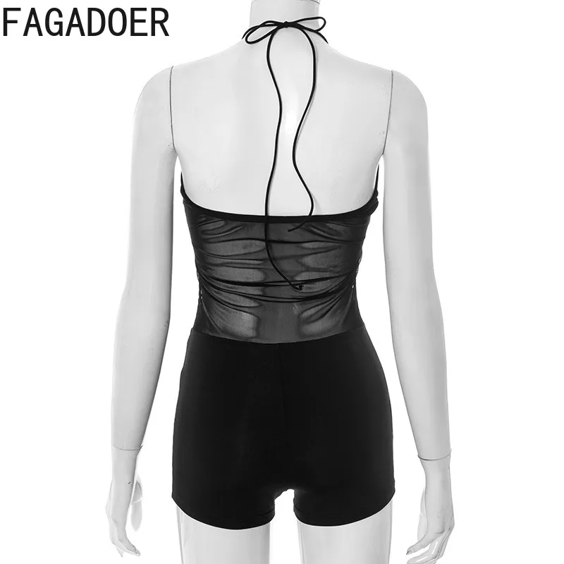 FAGADOER Sexy Hollow Out Bodycon Romper Women Halter Neck Backless Sleeveless   Jumpsuits Female Midnight Clubwear Overalls New
