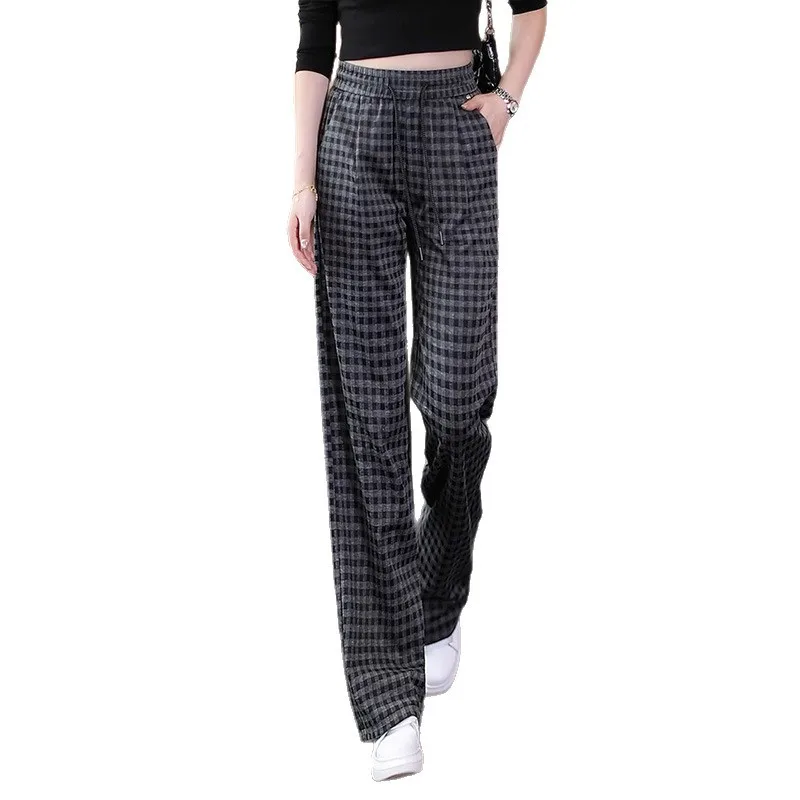 กางเกงขายาวลายสก็อตสำหรับผู้หญิง รุ่นใหม่สำหรับฤดูใบไม้ผลิและฤดูใบไม้ร่วง เอวสูง ทรงหลวม ช่วยพรางหุ่น กางเกงขายาวทรงยาว ขอบเอวยางยืด ลายเส้นเล็ก
