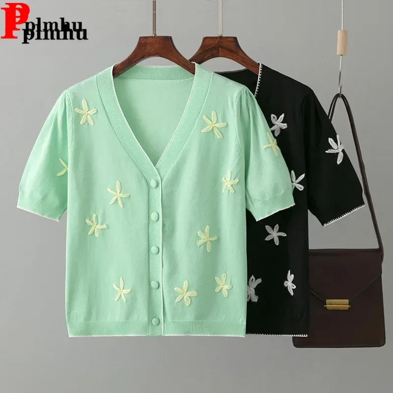 

Embroider Summer Ice Slik Knit Cardigan Korean Casual Short Sleeve Thin Knitwear Tops Women Short Single Breasted Gilet Blusas