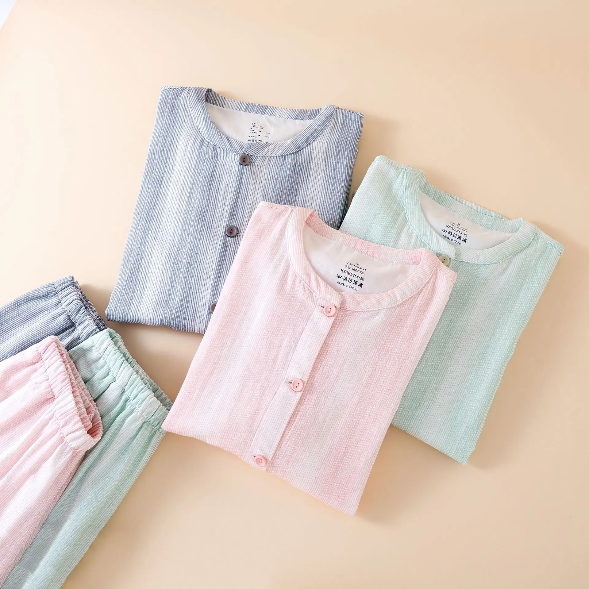 

2025 Gradient Striped Cotton Pajamas Double Gauze Autumn Couples Loungewear Round Neck Long Sleeve Trousers Pijama for Women