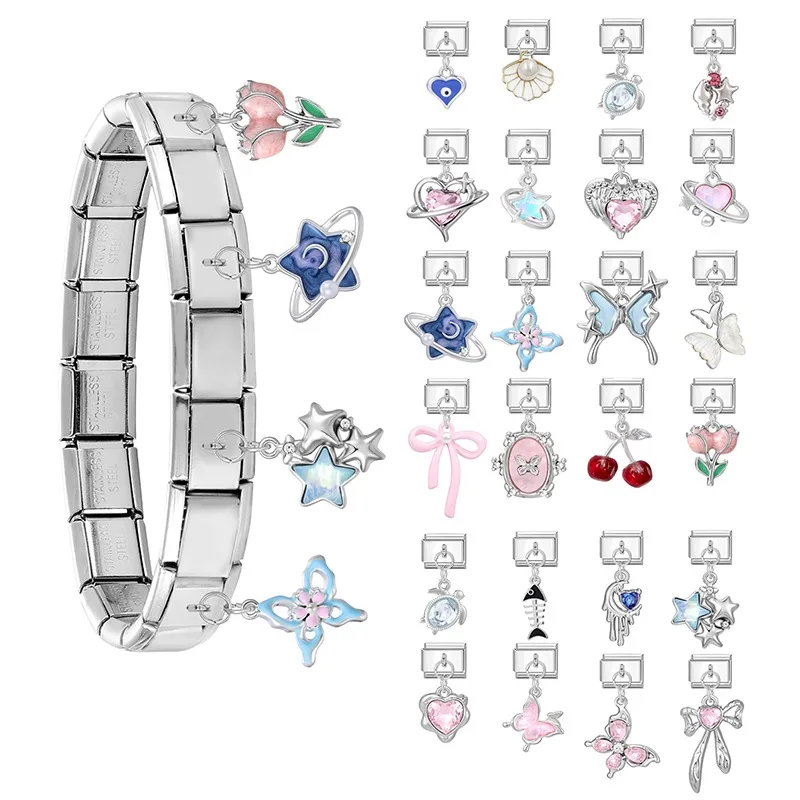 Wholesale Cute Y2K Planet Stars Moon Heart Turtle Pendant Italian Charm Link Stainless Steel Fit 9mm Bracelet DIY Making Jewerly