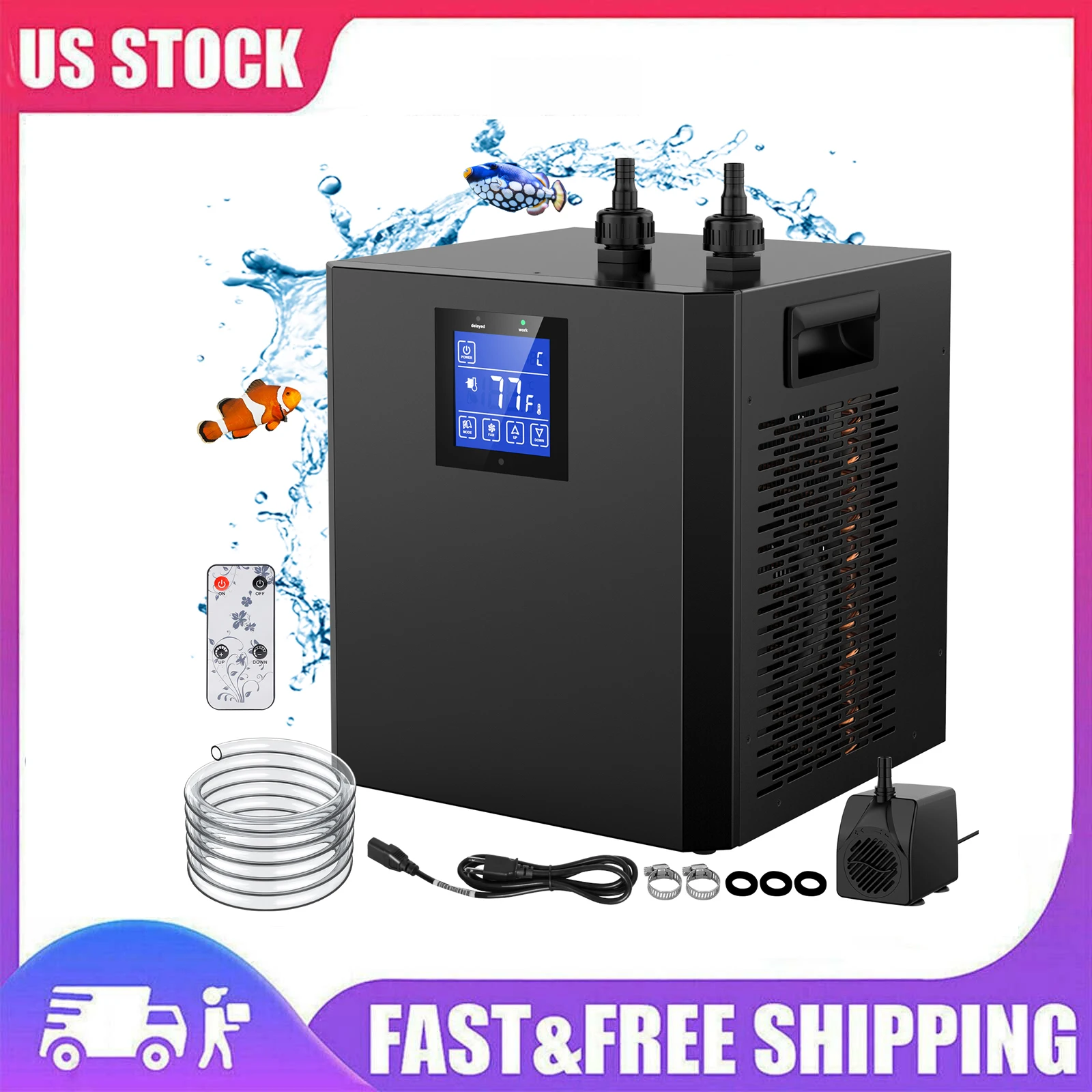 

Aquarium Chiller 79Gal 1/3 HP Water Chiller for Hydroponics System Home Use Axolotl Fish Coral Shrimp 110V with Pump and Pipe