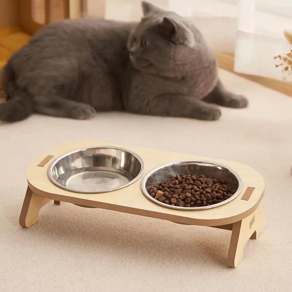 Cuencos de comida de acero inoxidable para mascotas, recipiente inclinado individual o doble de madera, suministros para gatos