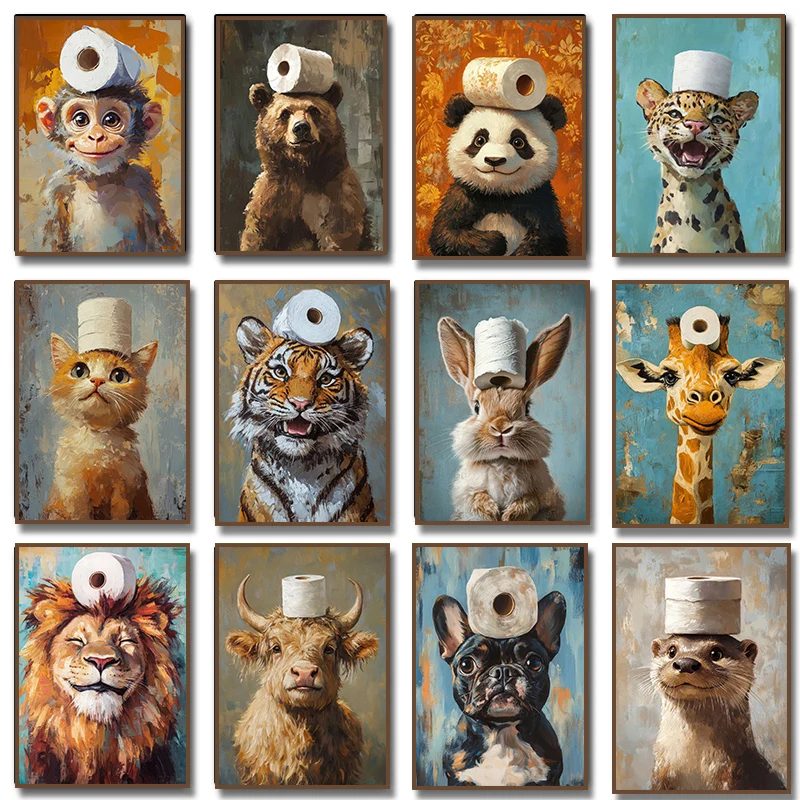 Bathroom Animal with Toilet Paper Posters Prints Fox Tiger Otter Cow Panda Monkey Canvas Painting Wall Art Pictures Home Decor