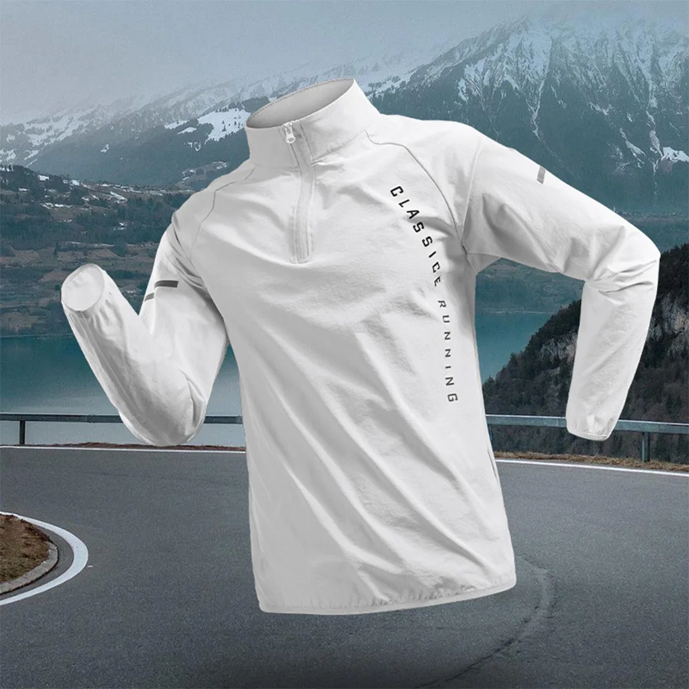 Mens polyester ice silk half zipper quick drying windproof running top roomy mobility breathable for fitness and everyday wear