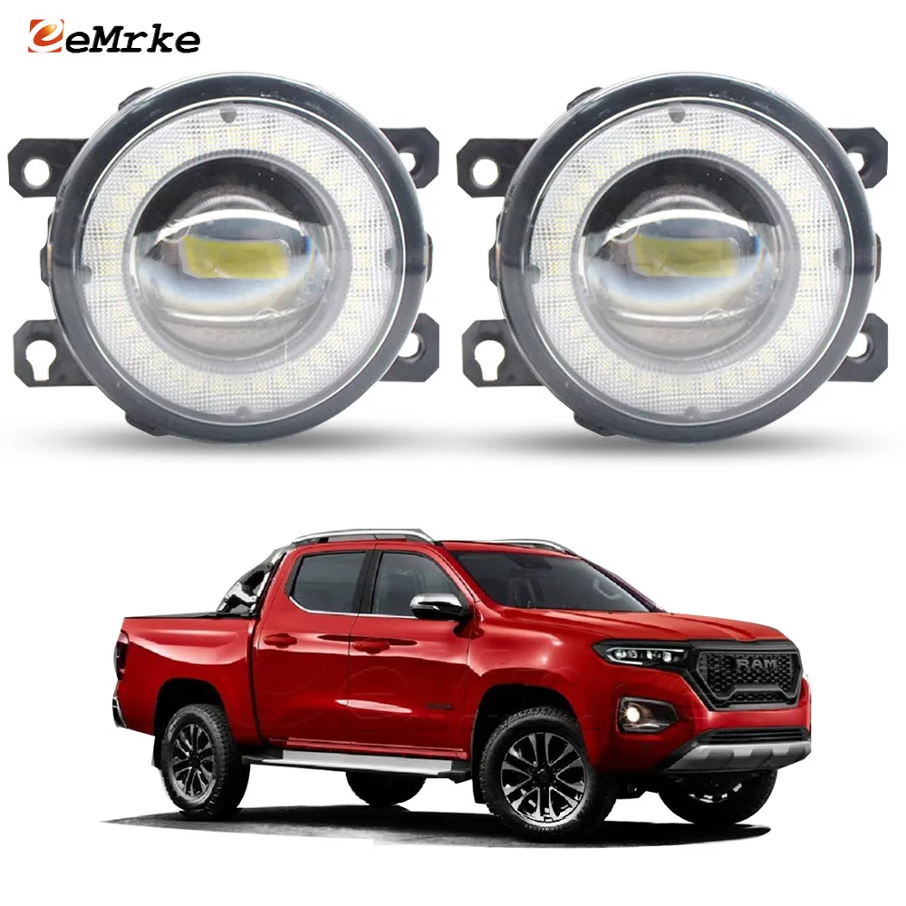 Left + Right LED Car Fog Lights with Glass Lens for Ram 1200 2023 2024 Angel Eyes DRL PTF Daytime Running Light Front Fog Lamp