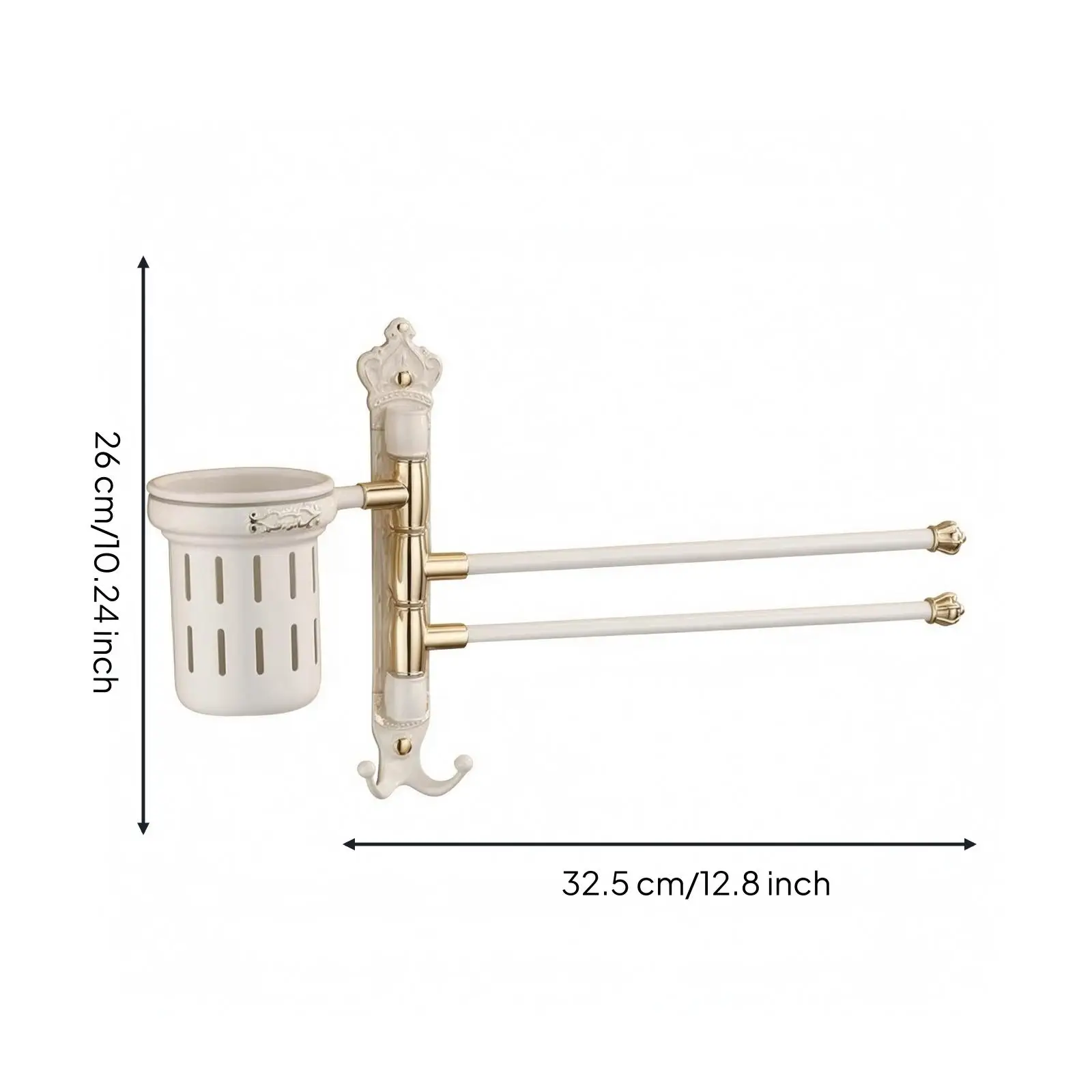 Elegant Aluminum Bathroom Towel Bar with Glass Cup Shelf and Hook Antique Ivory Gold Finish Vertical Wall Rack for Towels