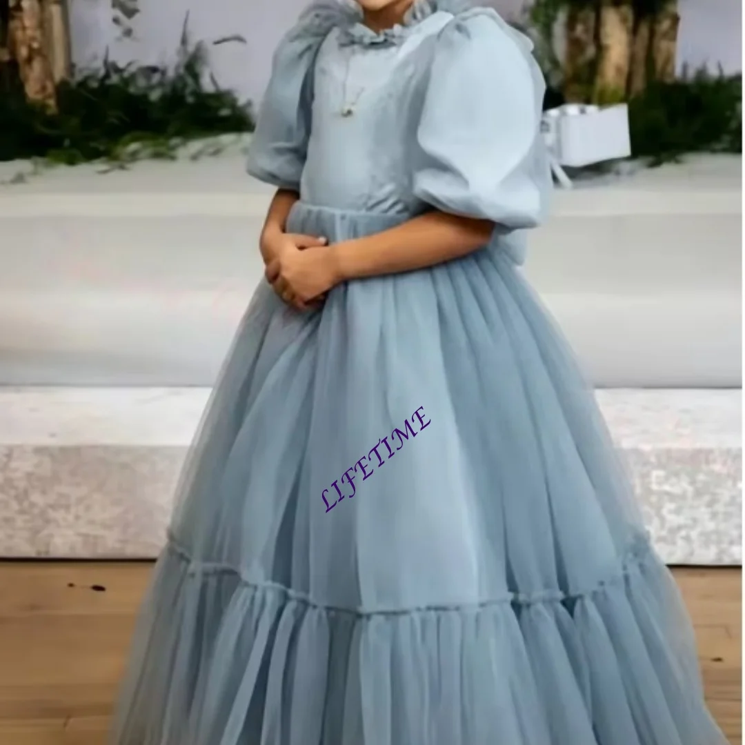 Blue Lace Chiffon Flower Girl Dress with Bow Half Sleeves for Wedding Ceremonies And Formal Receptions Customizable