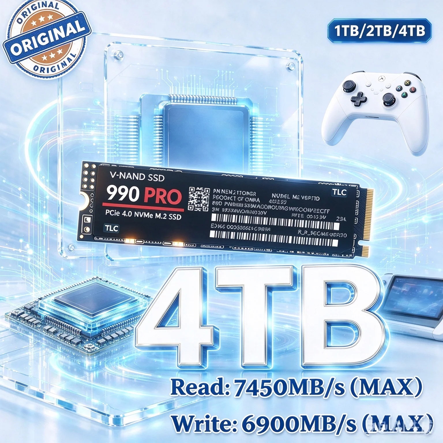 High Performance Gaming SSD 990 Pro 1TB 2TB 4TB, PCIe Gen4 NVMe M.2 2280 TLC Storage for Desktop Gaming Laptop