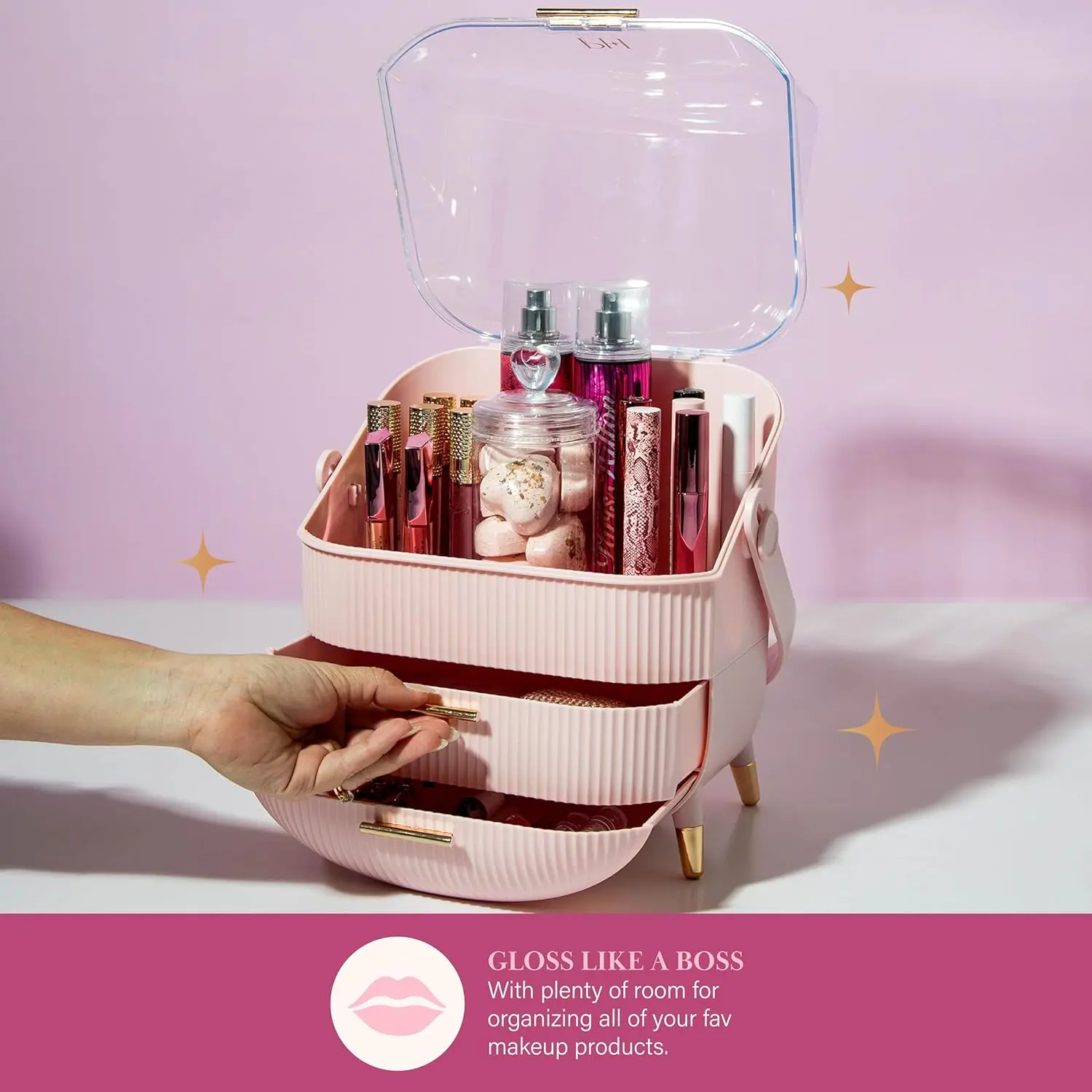 蓋付きメイクアップ収納オーガナイザー、化粧品＆スキンケアオーガナイザー、波形デザインとゴールドアクセント付きポータブルボックス、ピンク