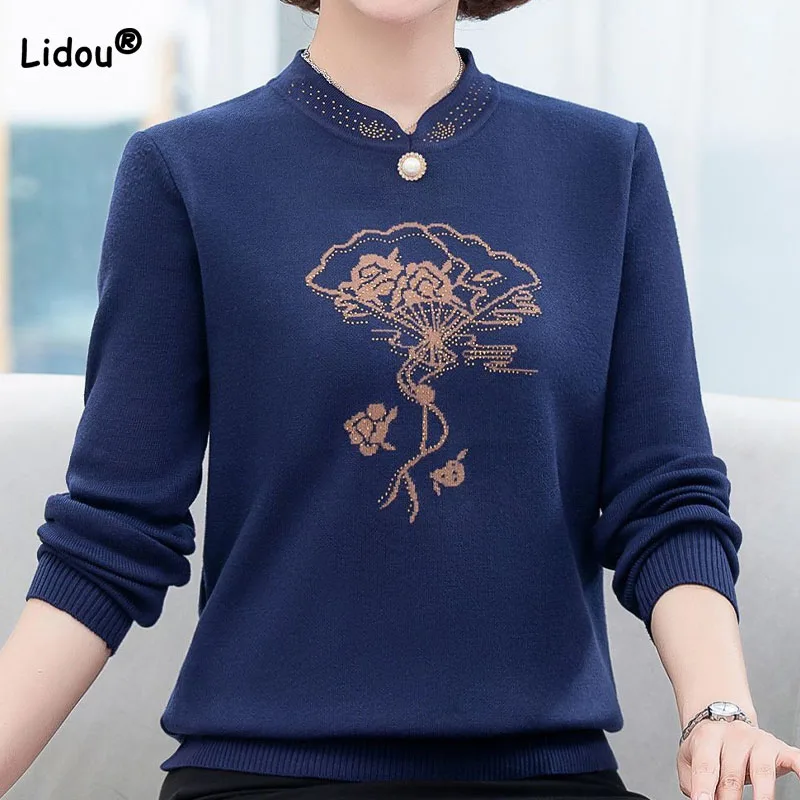 Autumn Winter Fashion Printed Diamonds Sweaters Women's Clothing Long Sleeve Casual All-match Stand Collar Sweaters for Female