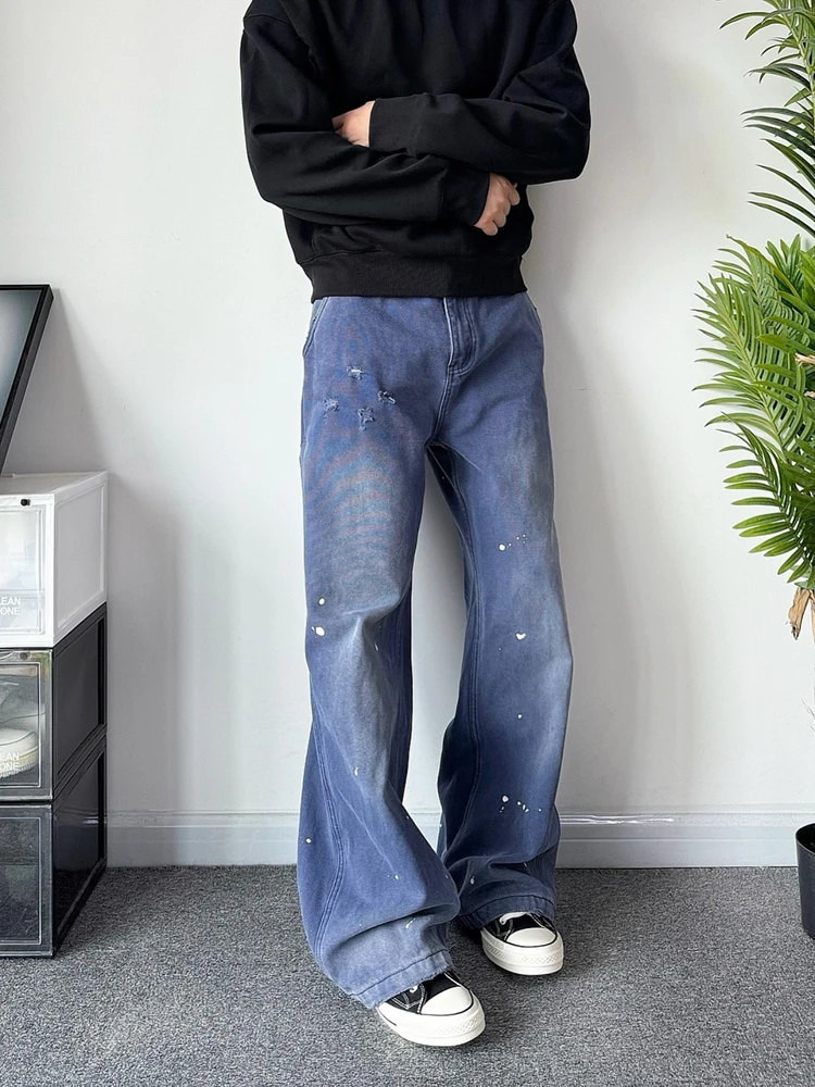 

Vintage Workwear Straight Leg Pants Waed out Dyeing French Blue Classic lar Casual Trousers for Youth All Seasons