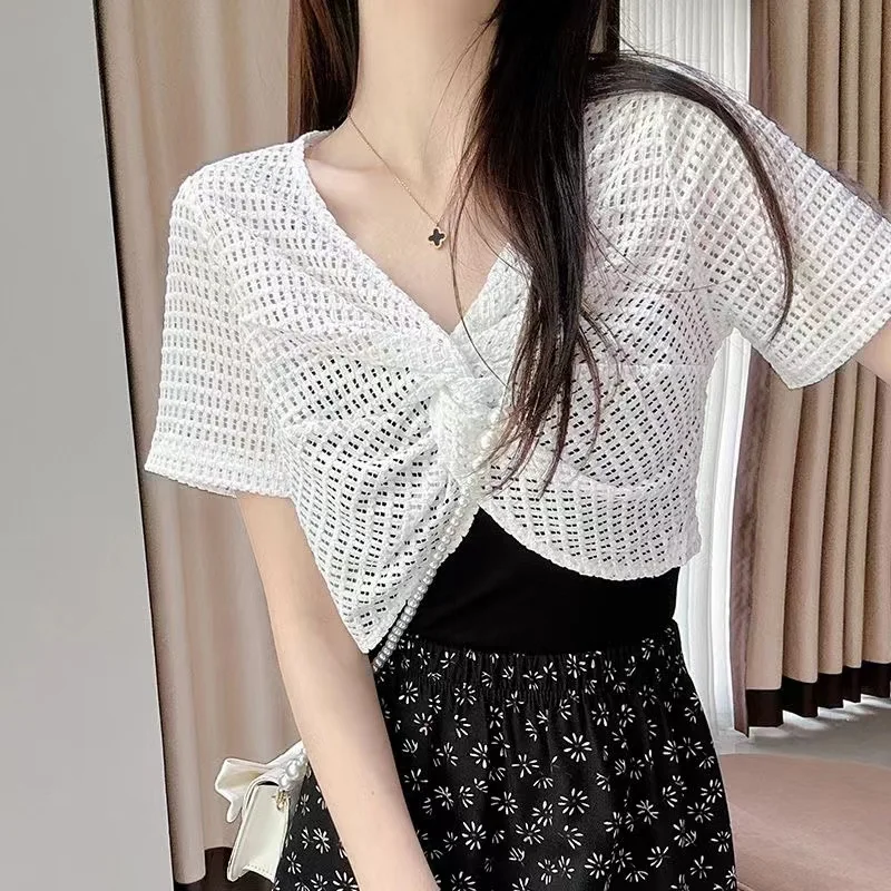 

Lace Knitted Shawl Short Sleeve Hollow out Summer Dress Outerwear V Neck Pure Color Commute Style Single Piece Fit Body