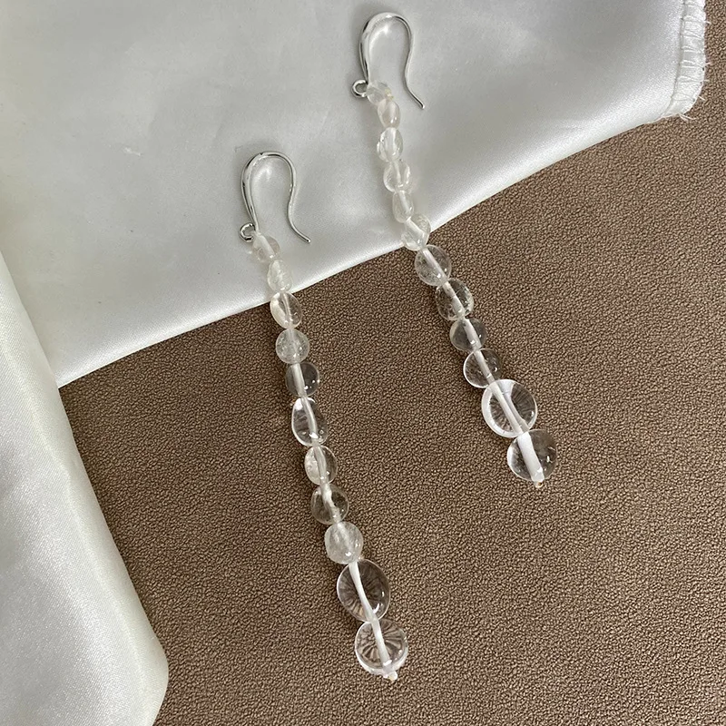 Classic Natural White Clear Quartz Stone Ball Long Tassel Earrings Old Style High-end Niche Fashion Cool Sense Ear Decoration