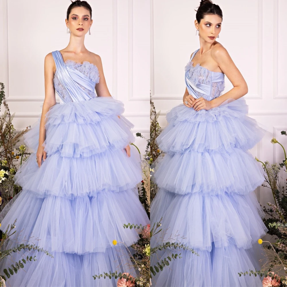 Customized Graceful One Shoulder Evening Dress Exquisite Tulle Prom Dresses Temperament Sweep Train Special Occasion Gowns
