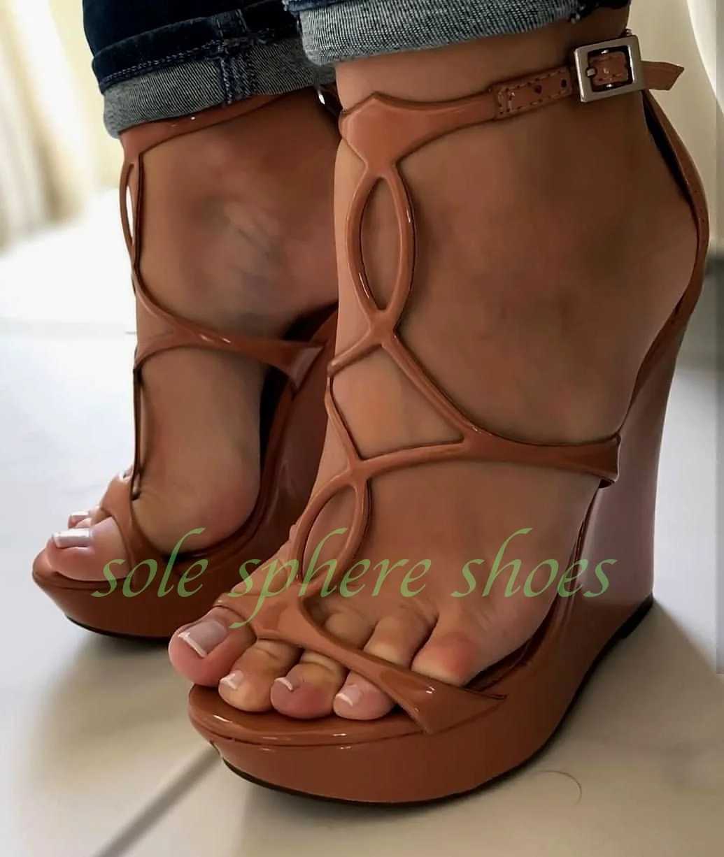 Women Metallic Patent Leather Hollow Cut Out Strappy Wedge Sandals Ankle Buckle Open Toe Platform Wedge Heels Summer Footwear 46