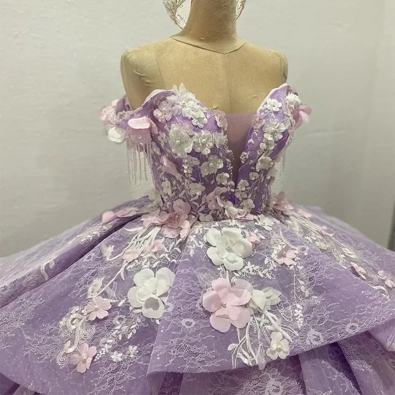 Luxury Lilac Lace Princess Quinceanera Dresses Beading 3D Flowers Vestidos De 15 Anos Birthday Ball Gown Party Prom Corset