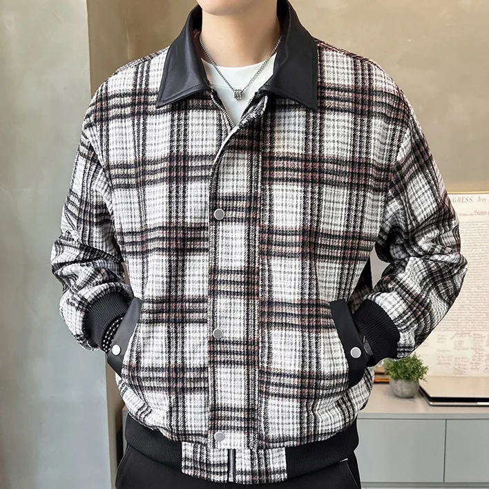 

Autumn Man Jacket Fashion Plaid Patchwork Turn Down Collar Male Outerwear Long Sleeve Zipper Loose Versatile Men Coat