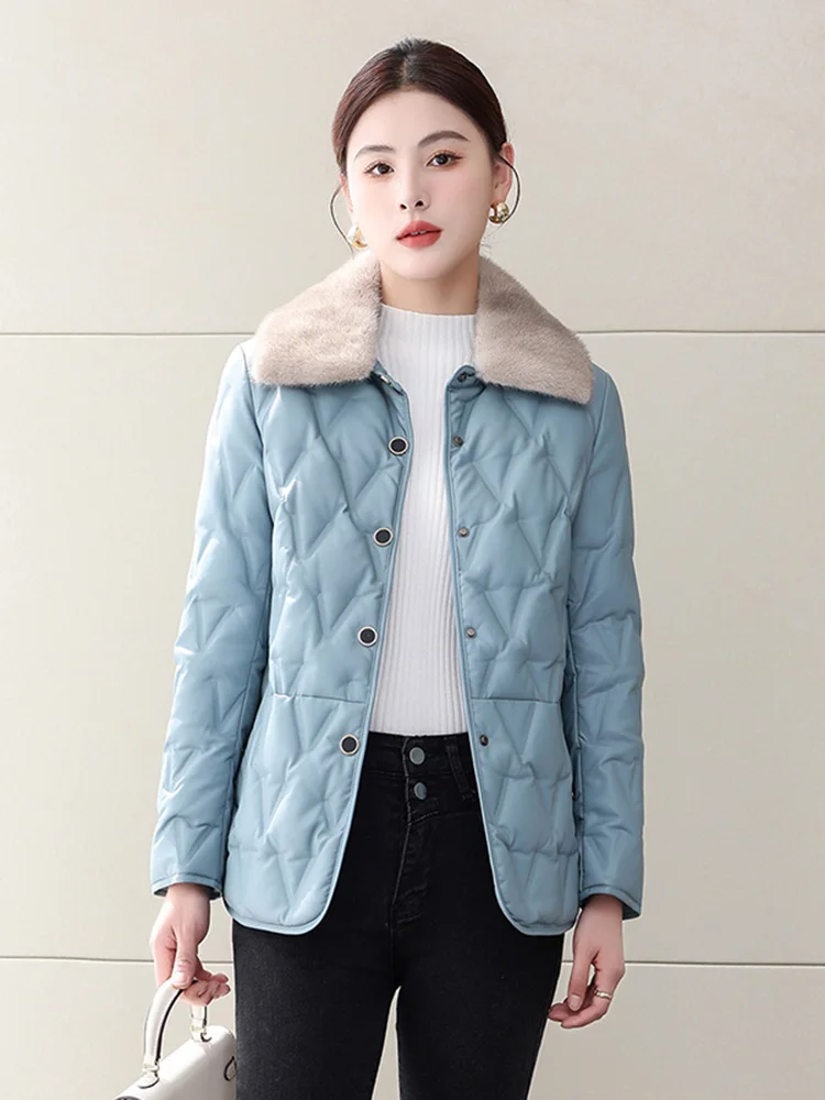 New Women Winter Leather Down Jacket Fashion Real Mink Fur Collar Sheepskin Down Coat Casual Thick Outerwear Split Leather