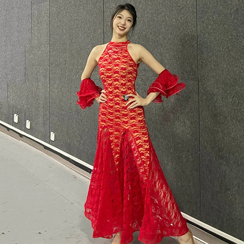 

2024 Red Lace Ballroom Dance Dress Women Performance Clothes Prom Social Waltz Dance Costume Adult Competition Dress BL12962